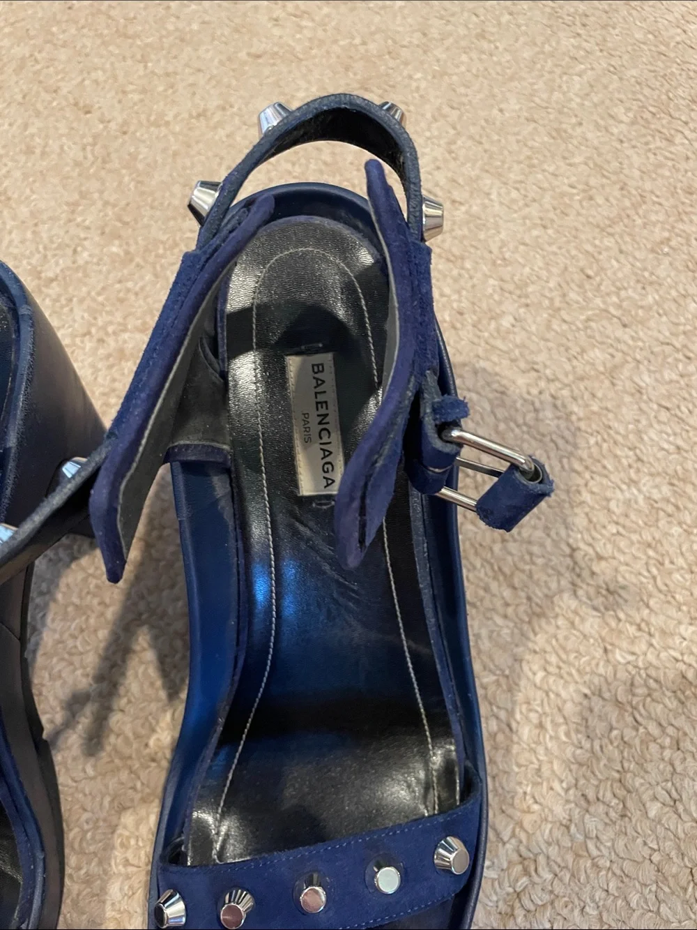 Balenciaga Women’s Navy Studded Block Heel Sandals - Picture 4 of 9